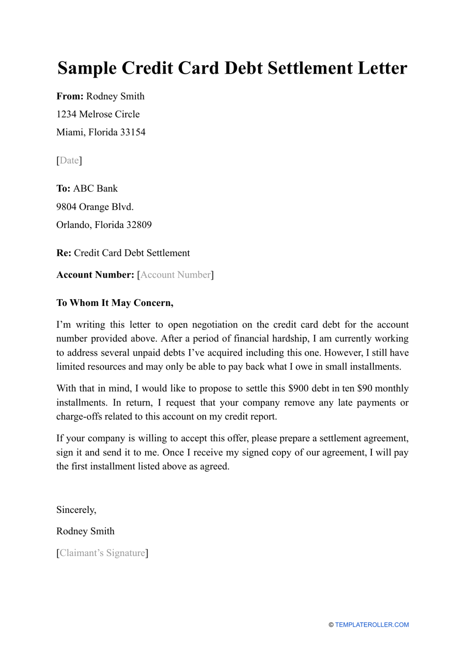 Debt Settlement Agreement Letter Template