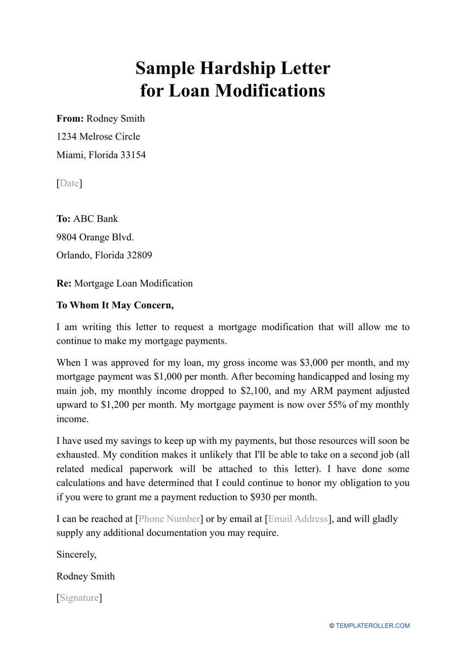 Sample Hardship Letter for Loan Modifications, Page 1