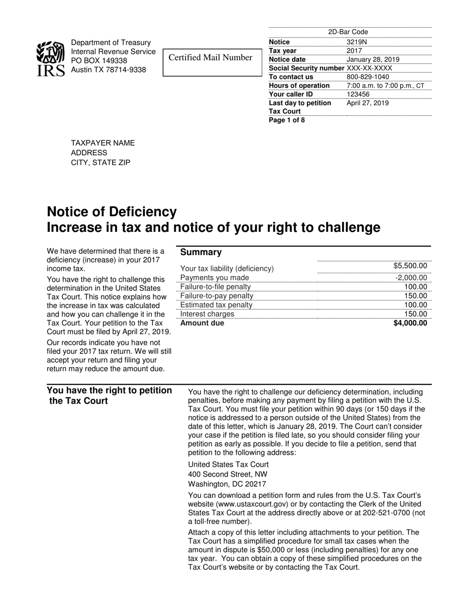 IRS Notice Cp3219n, Notice of Deficiency, Page 1
