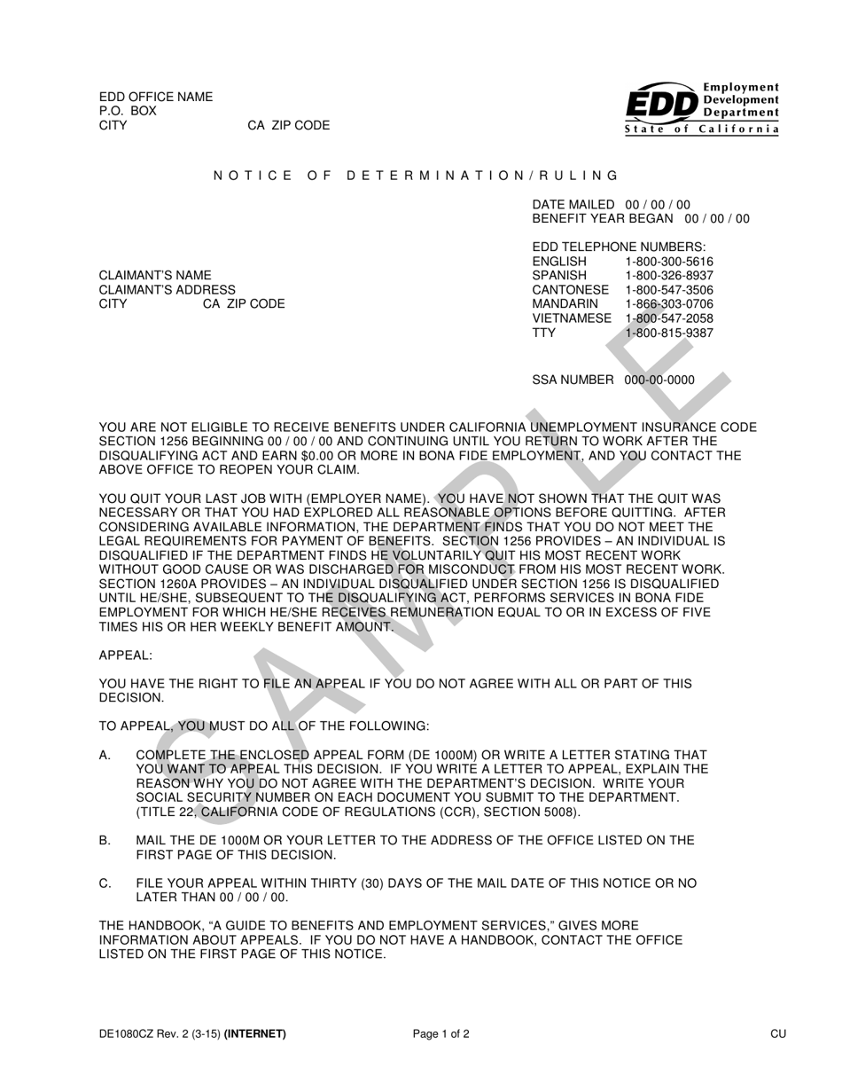 Sample Form DE1080CZ Notice of Determination/Ruling - California, Page 1