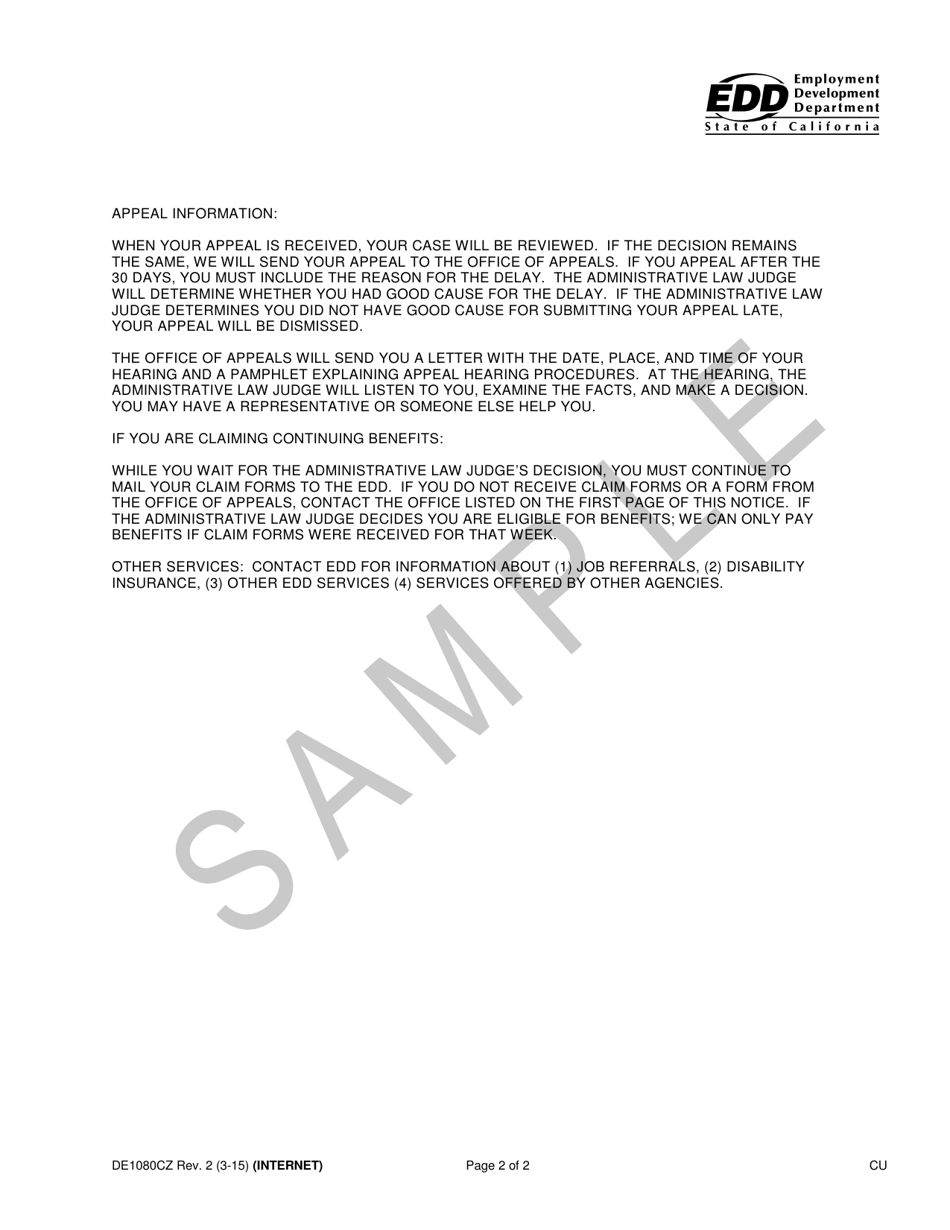 Sample Form DE1080CZ Notice of Determination / Ruling - California, Page 2