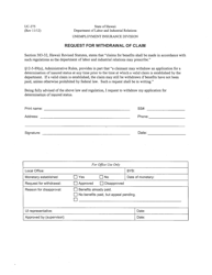 Form UC-275 Request for Withdrawal of Claim - Hawaii