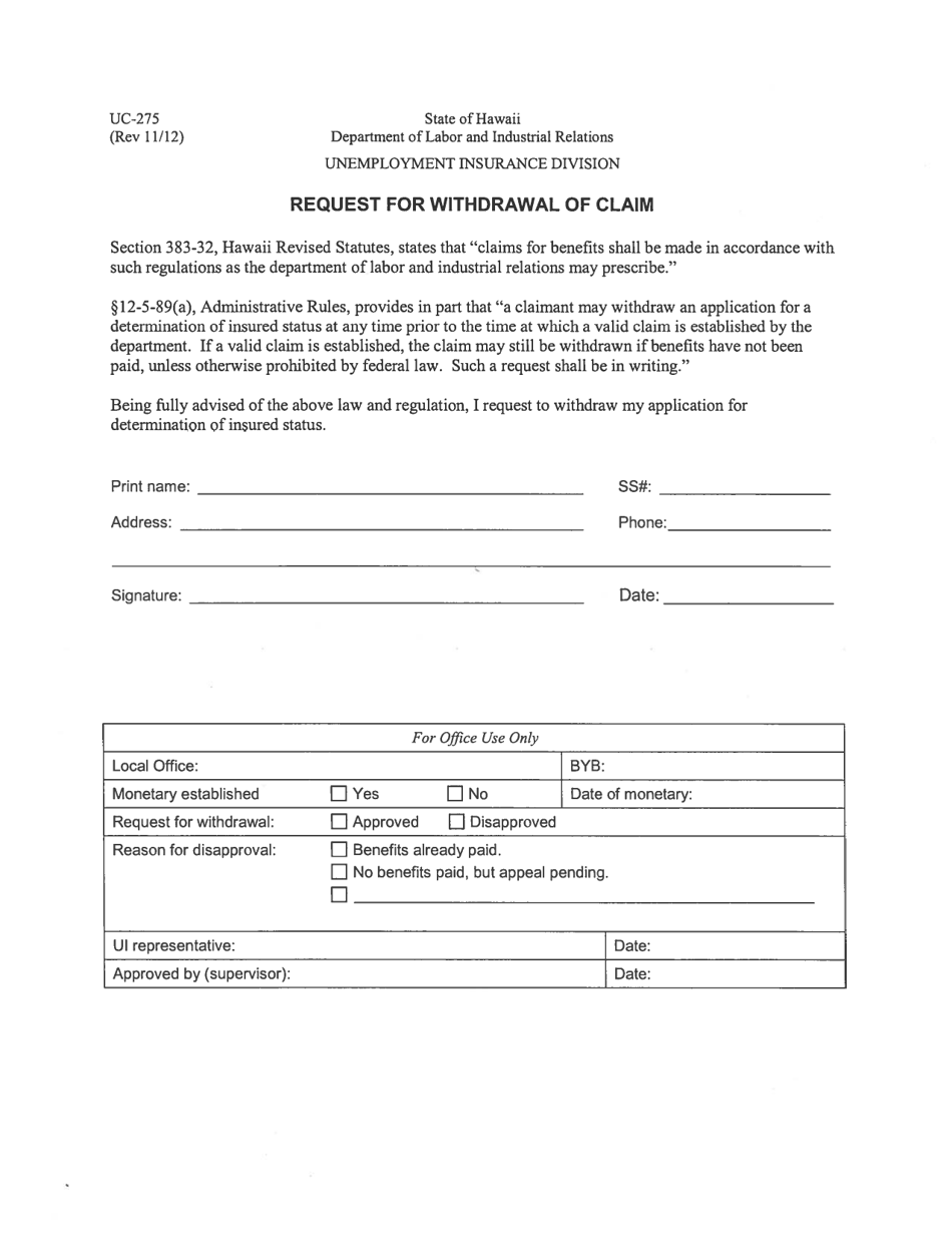 Form UC-275 Request for Withdrawal of Claim - Hawaii, Page 1