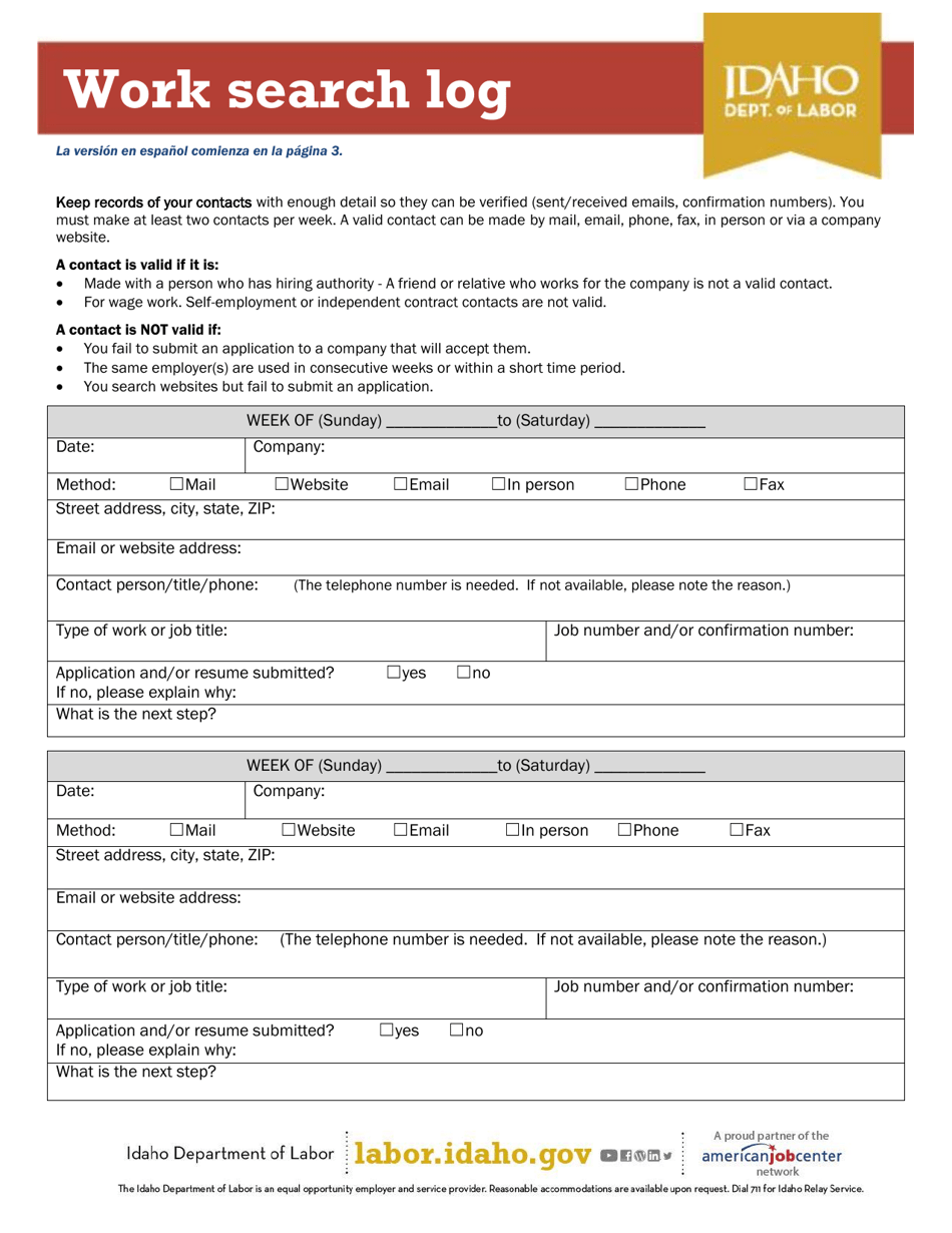 Form I-77-21 Work Search Log - Idaho, Page 1