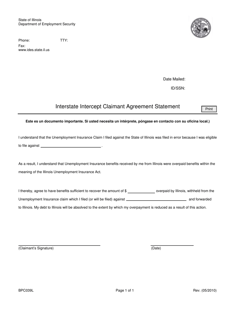 Form BPC039L Interstate Intercept Claimant Agreement Statement - Illinois, Page 1