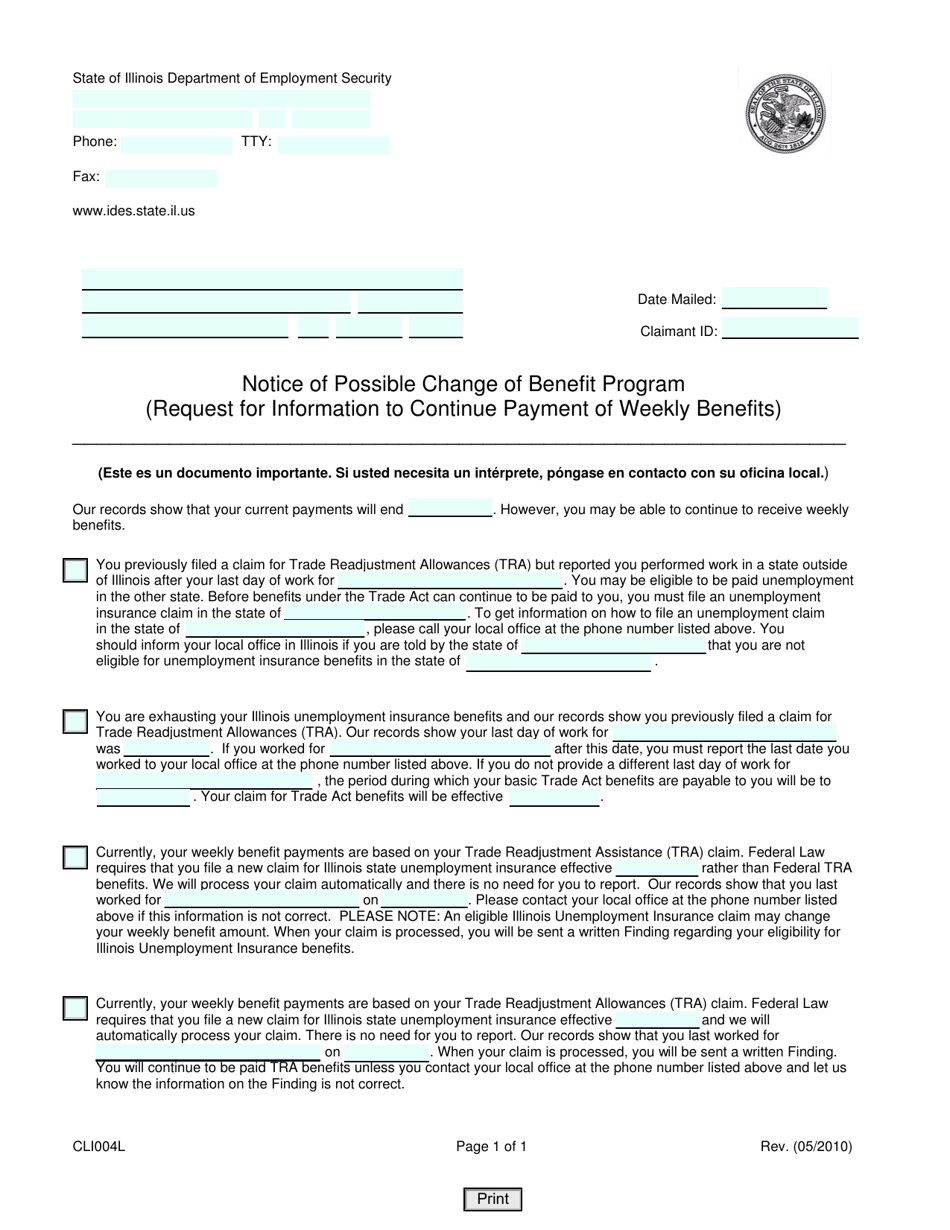 Form CLI004L Notice of Possible Change of Benefit Program (Request for Information to Continue Payment of Weekly Benefits) - Illinois, Page 1
