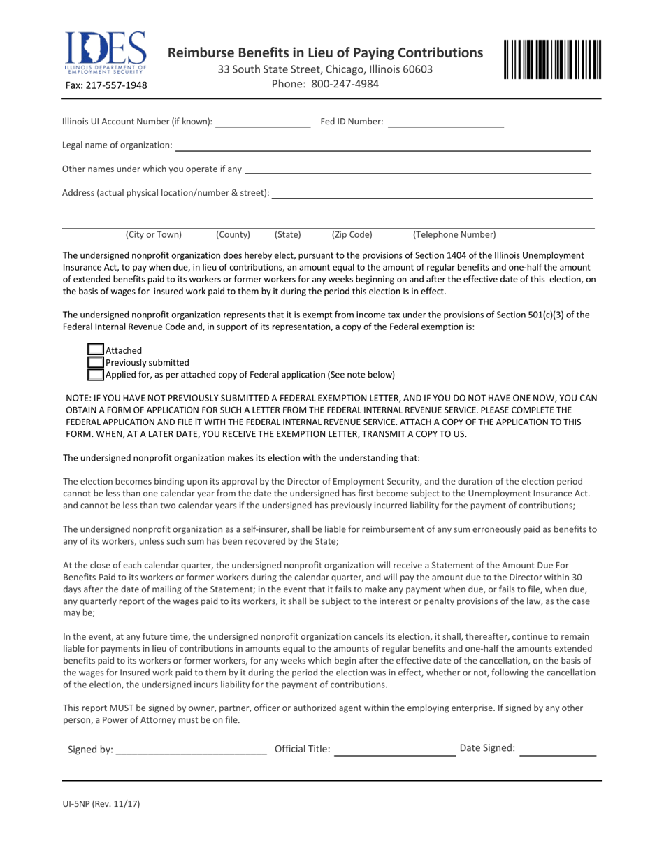 Form UI-5NP Reimburse Benefits in Lieu of Paying Contributions - Illinois, Page 1