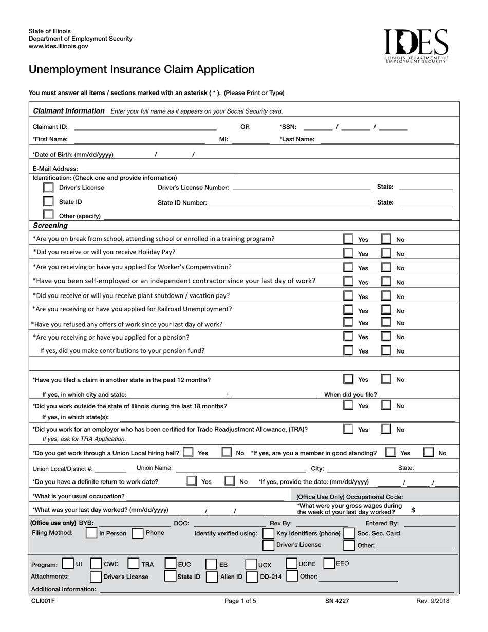 Form CLI001F (SN4227) Unemployment Insurance Claim Application - Illinois, Page 1