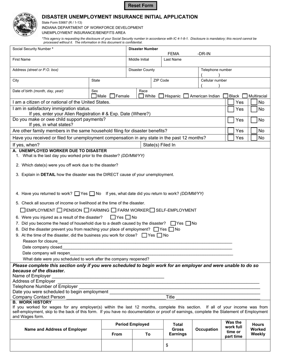 State Form 53667 Disaster Unemployment Insurance Initial Application - Indiana, Page 1