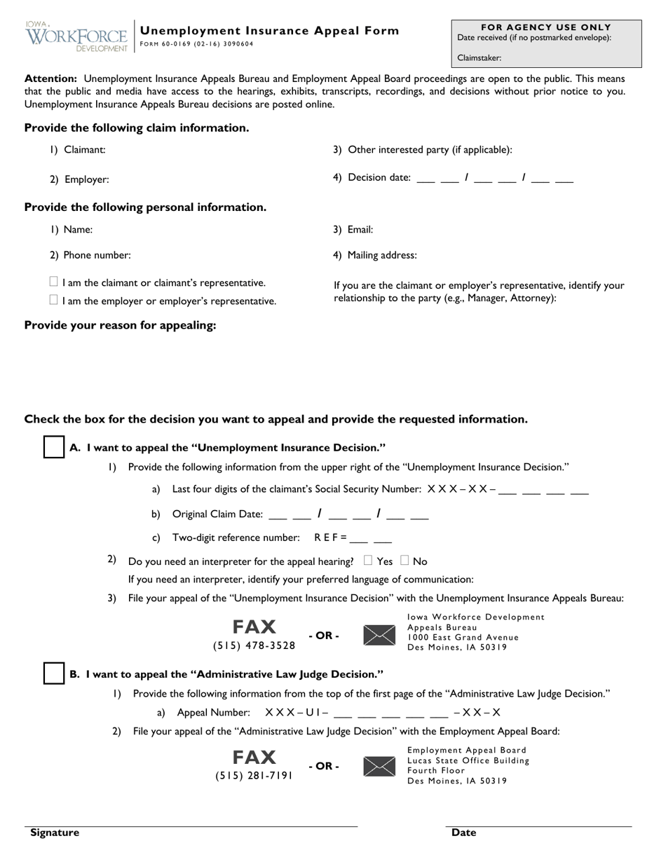 Form 60-0169 Unemployment Insurance Appeal Form - Iowa, Page 1