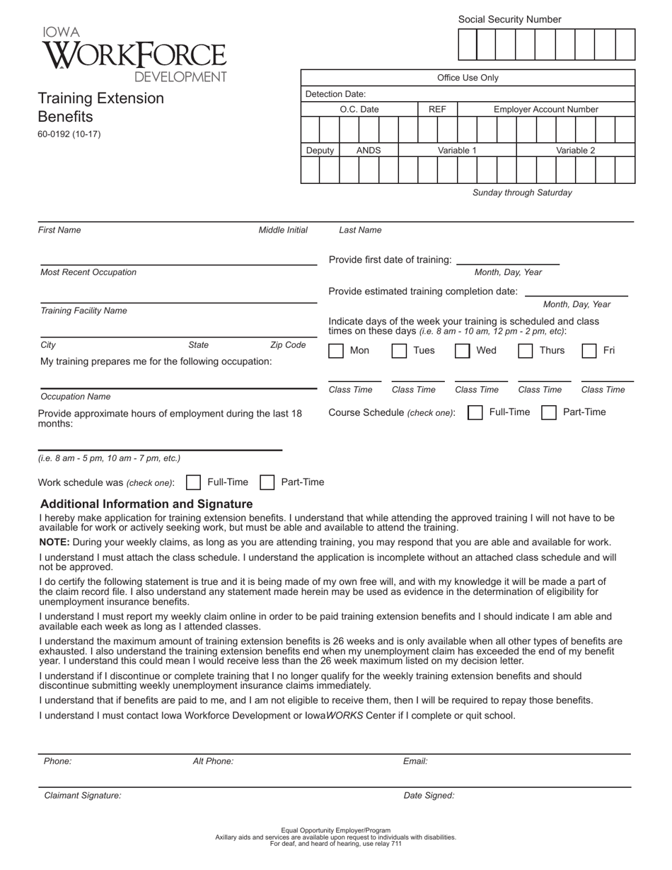 Form 60-0192 Training Extension Benefits - Iowa, Page 1