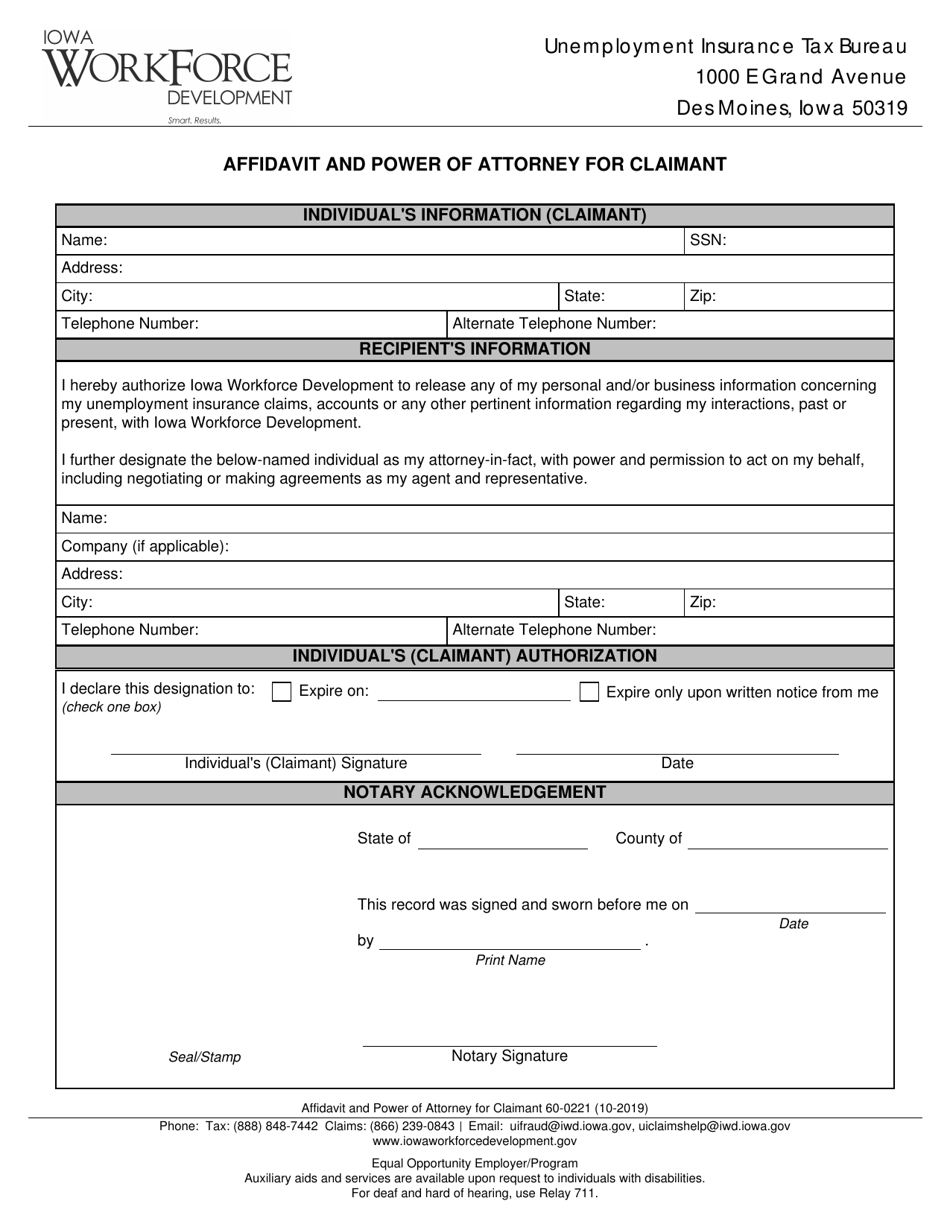 Form 60-0221 Affidavit and Power of Attorney for Claimant - Iowa, Page 1