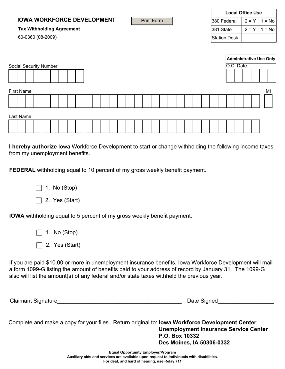 Form 60-0360 Tax Withholding Agreement - Iowa, Page 1
