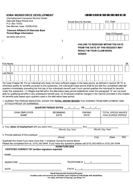 Form 69-0005 Claimant Affidavit of Alternate Base Period Wage Information - Iowa