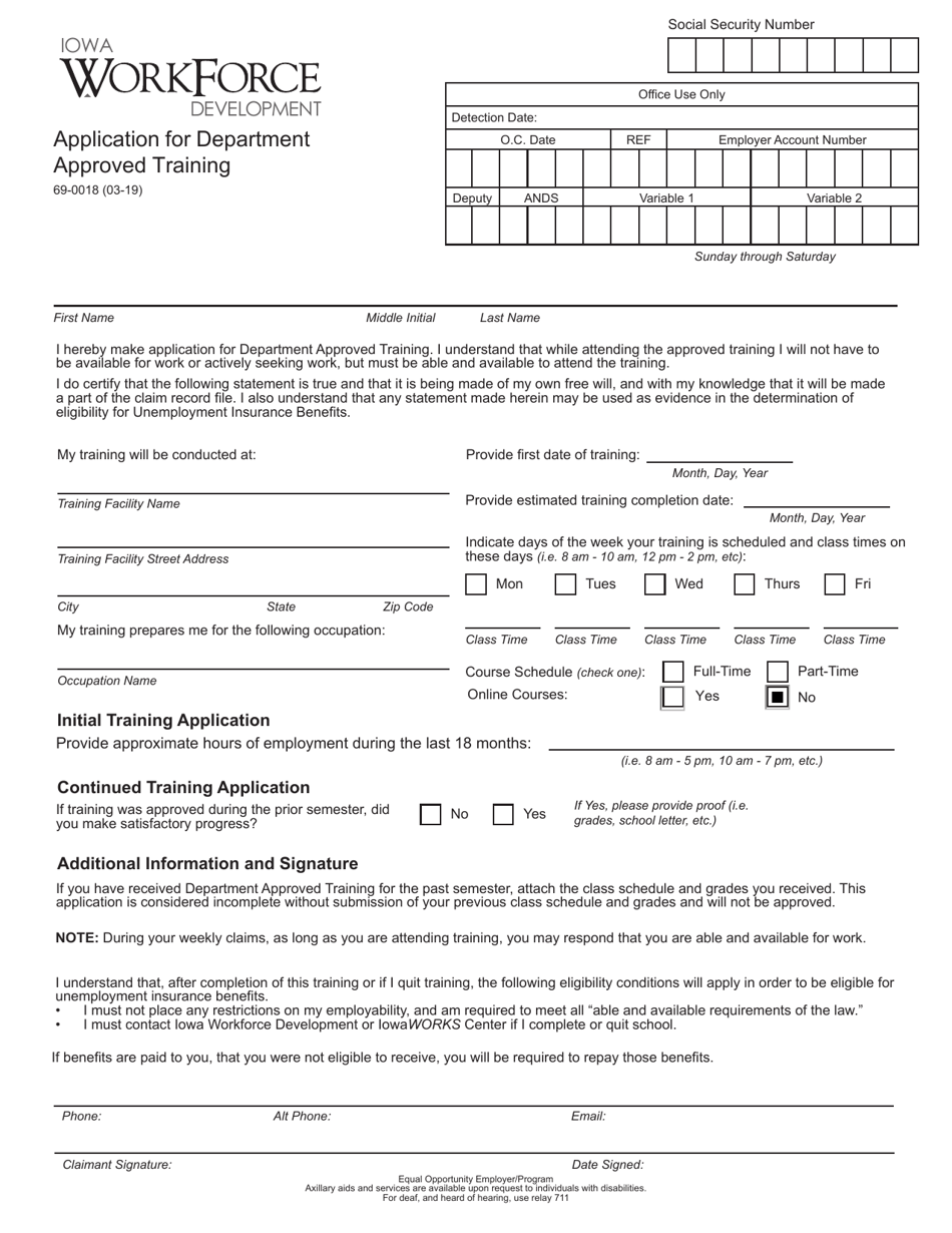 Form 69-0018 Application for Department Approved Training - Iowa, Page 1