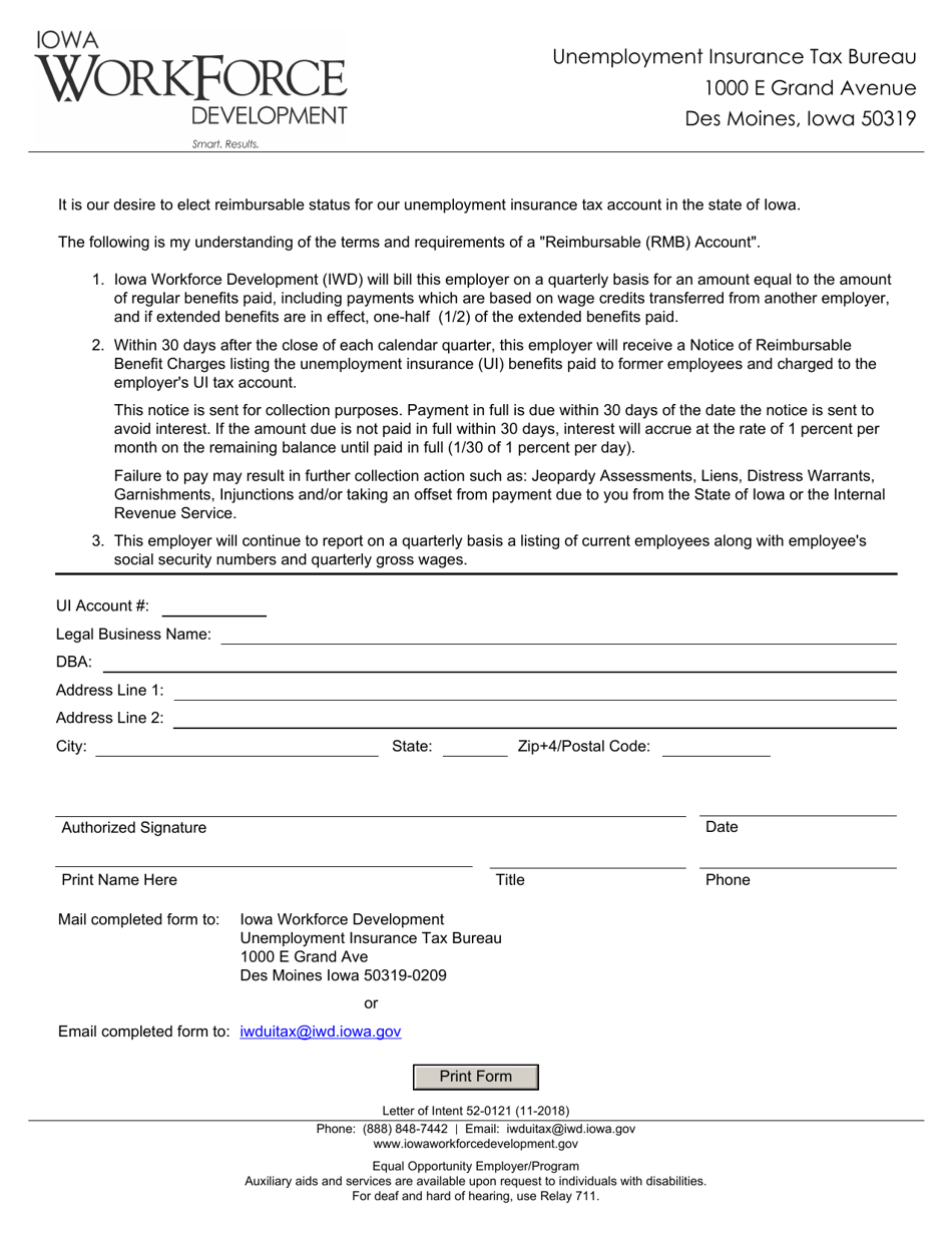 Form 52-0121 Letter of Intent - Iowa, Page 1