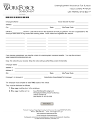 Document preview: Form 68-0601 Notice to Employee Regarding Unemployment Insurance Coverage - Iowa