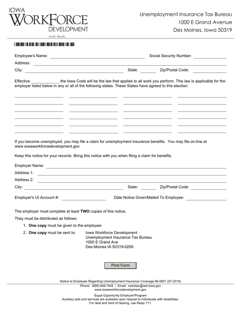 Form 68-0601 Notice to Employee Regarding Unemployment Insurance Coverage - Iowa