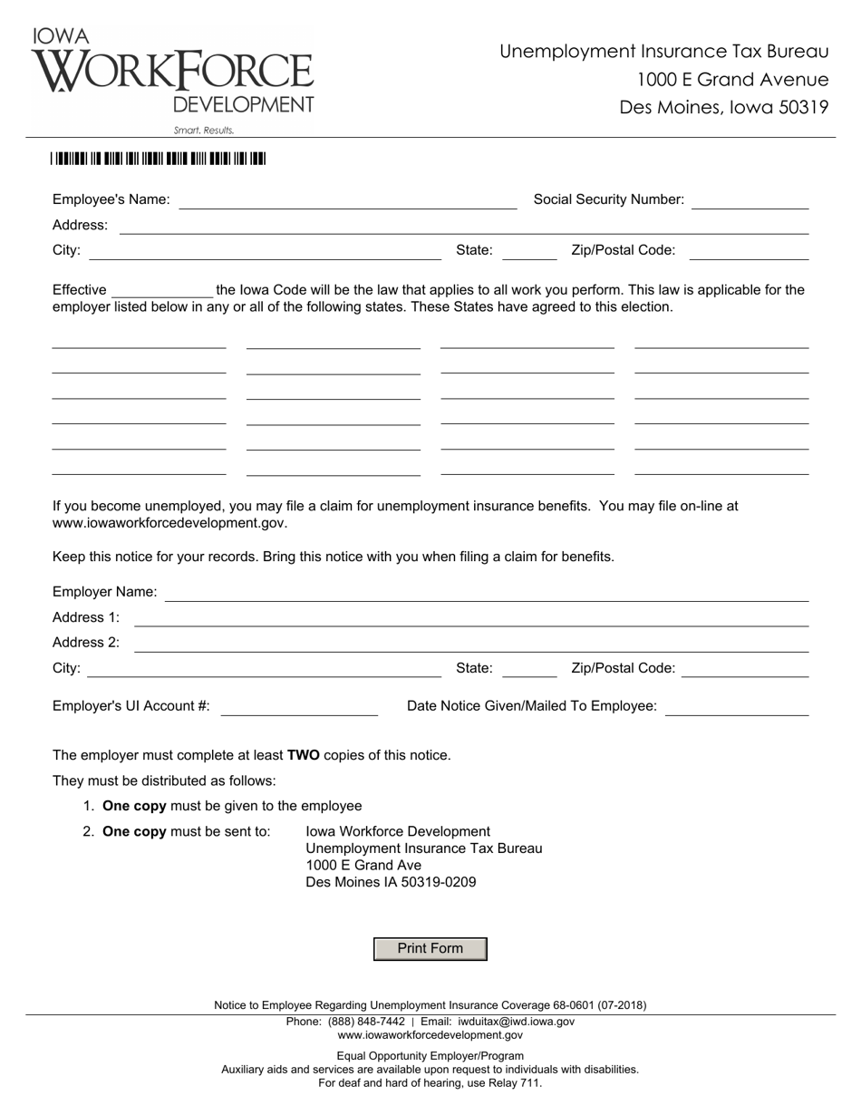 Form 68-0601 Notice to Employee Regarding Unemployment Insurance Coverage - Iowa, Page 1