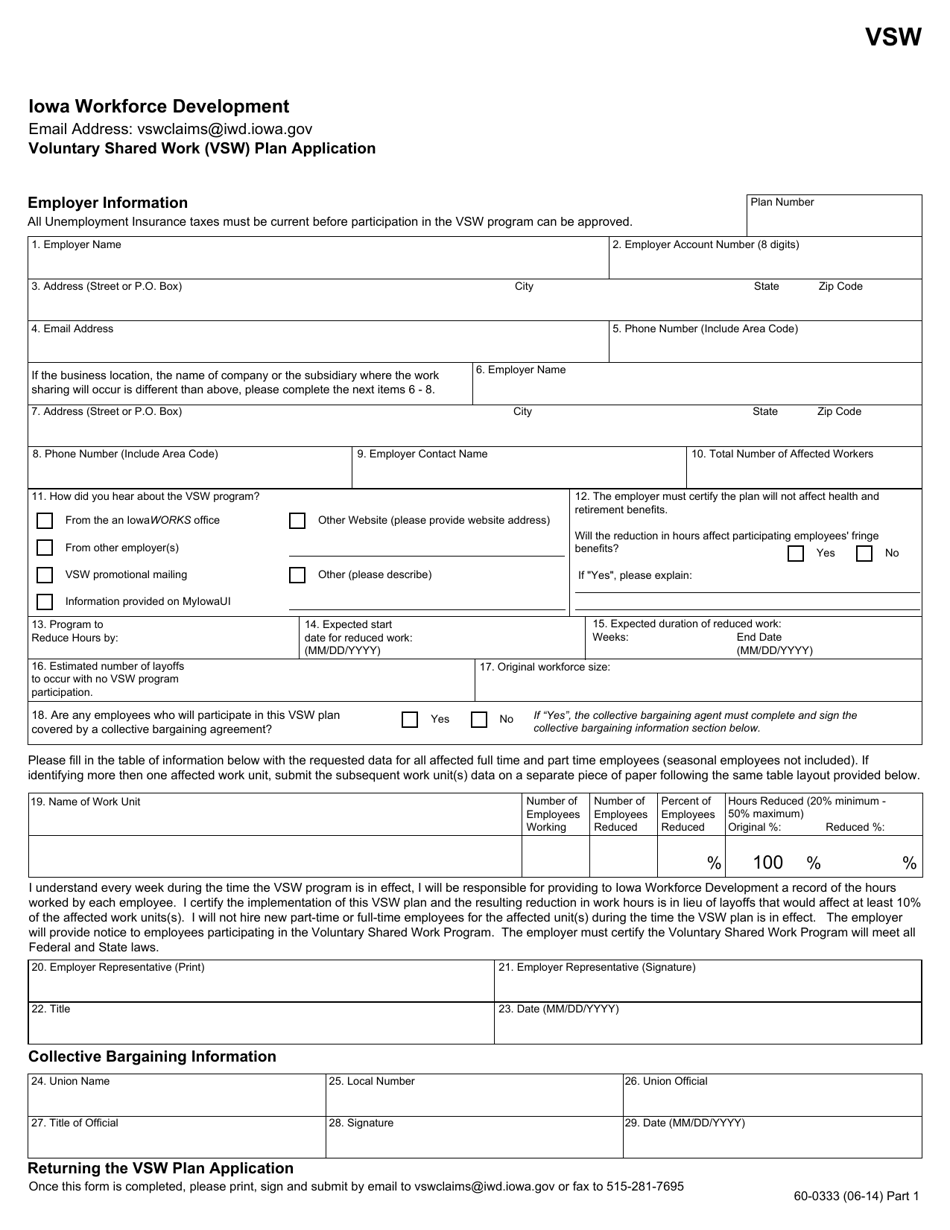 Form 60-0333 Voluntary Shared Work (Vsw) Plan Application - Iowa, Page 1