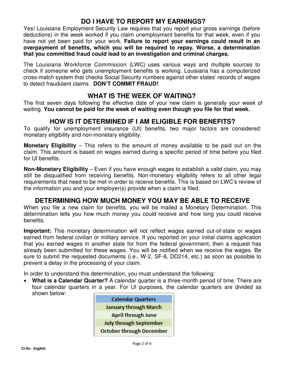 Form CI-9A Abbreviated Unemployment Benefits Rights and Responsibilities (Benefit Rights Information) - Louisiana, Page 2