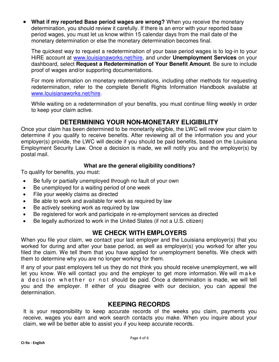 Form CI-9A Abbreviated Unemployment Benefits Rights and Responsibilities (Benefit Rights Information) - Louisiana, Page 4