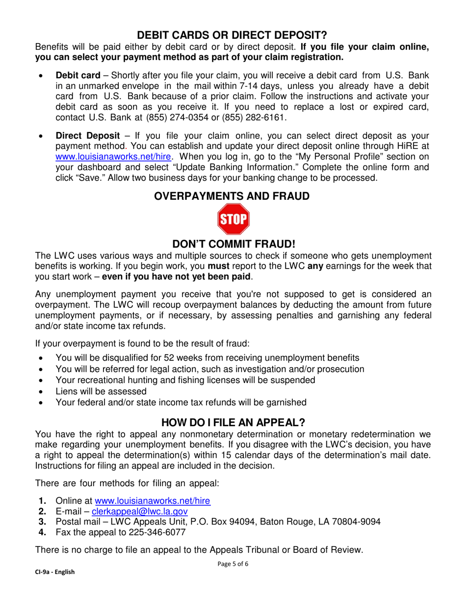 Form CI-9A Abbreviated Unemployment Benefits Rights and Responsibilities (Benefit Rights Information) - Louisiana, Page 5