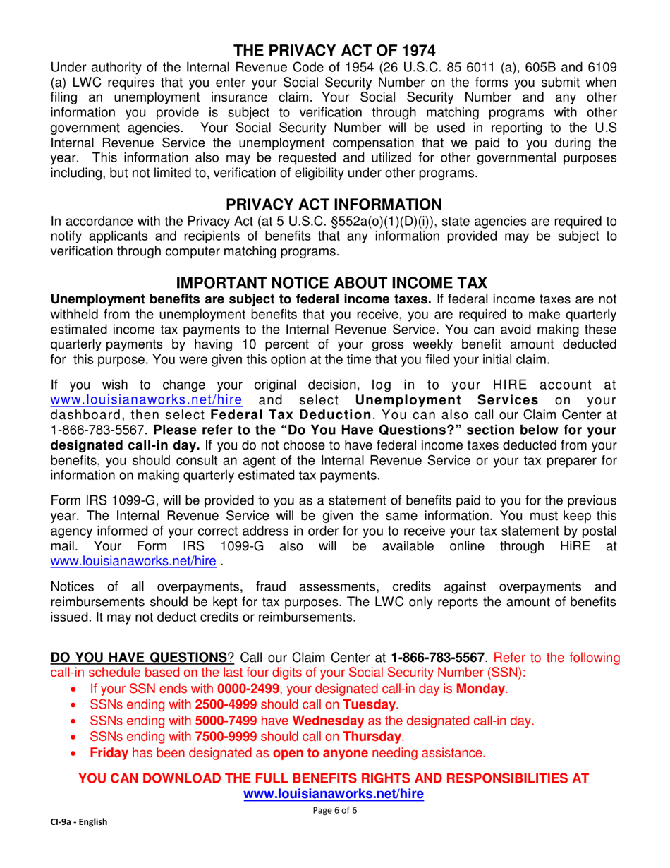 Form CI-9A Abbreviated Unemployment Benefits Rights and Responsibilities (Benefit Rights Information) - Louisiana, Page 6