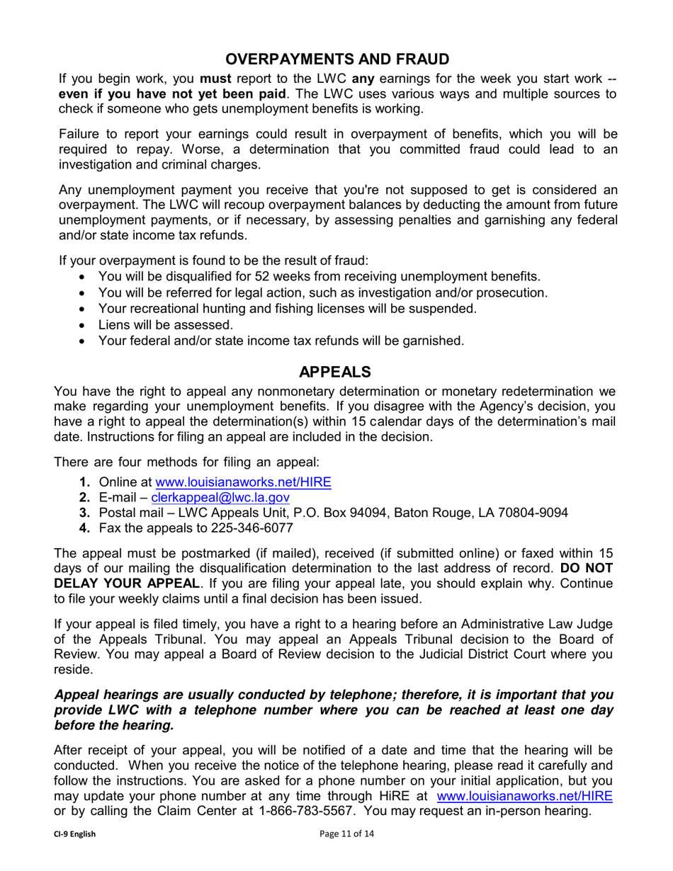 Form CI-9 Unemployment Benefits Rights and Responsibilities (Benefits Rights Information) - Louisiana, Page 11