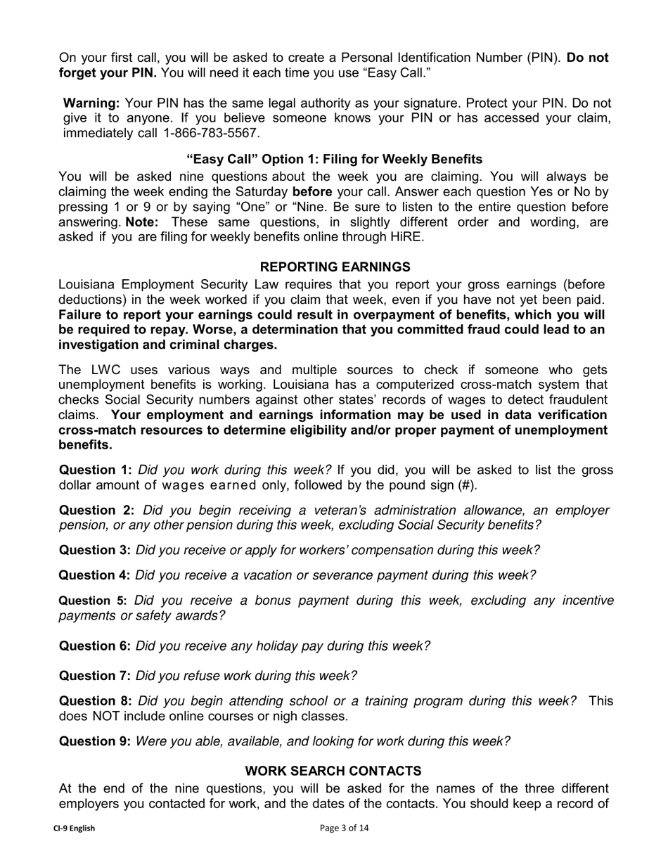 Form CI-9 Unemployment Benefits Rights and Responsibilities (Benefits Rights Information) - Louisiana, Page 3