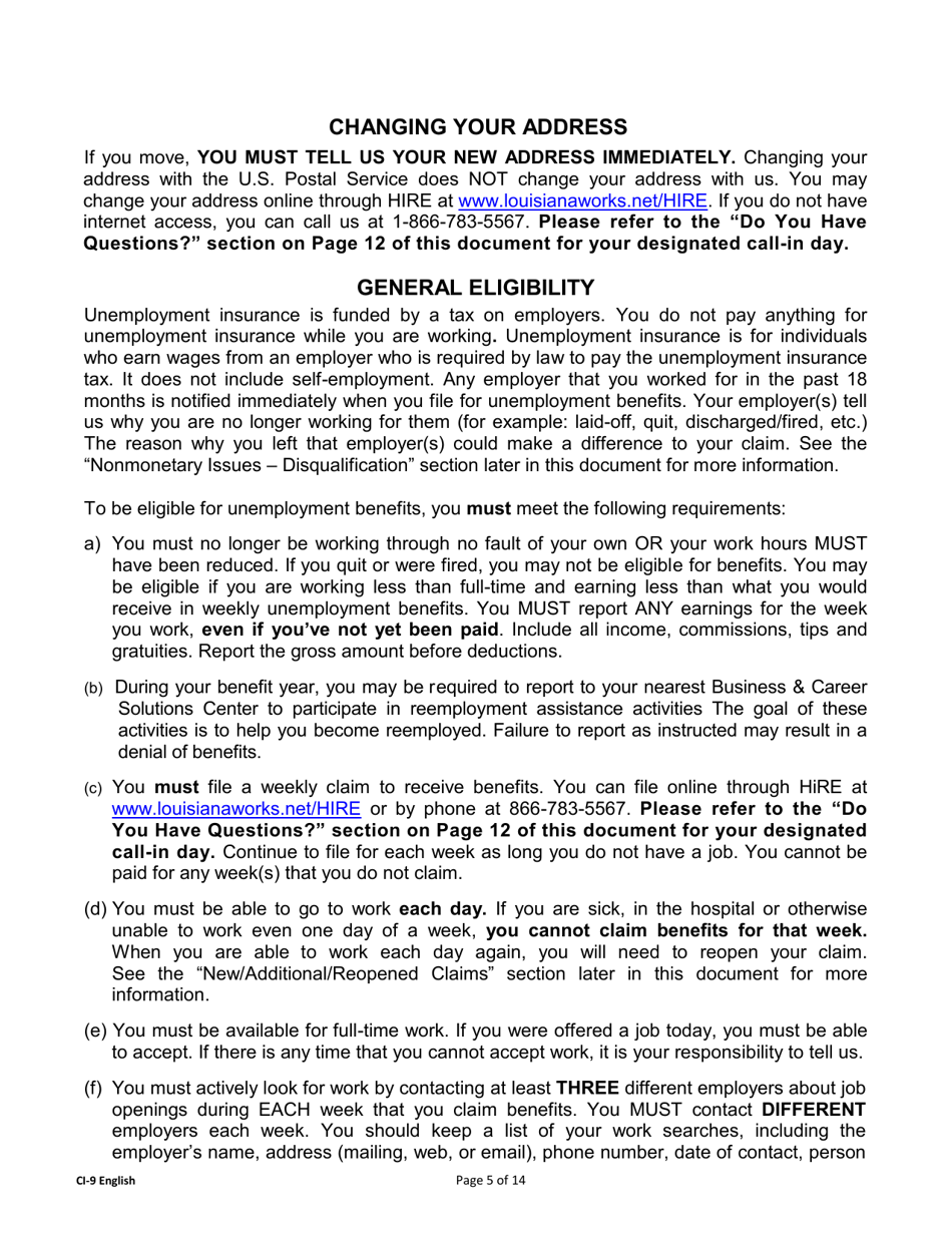 Form CI-9 Unemployment Benefits Rights and Responsibilities (Benefits Rights Information) - Louisiana, Page 5