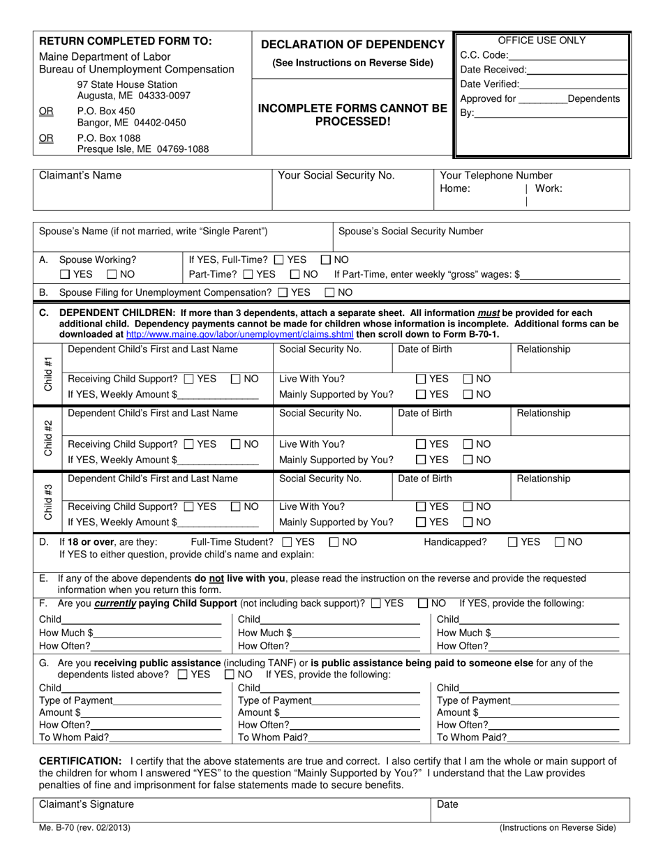 Form B-70 Declaration of Dependency - Maine, Page 1