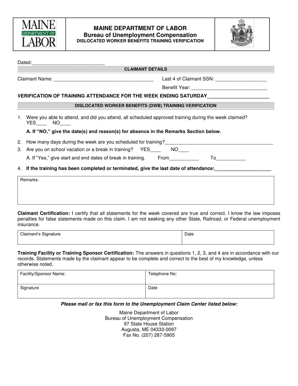 Dislocated Worker Benefits Training Verification - Maine, Page 1