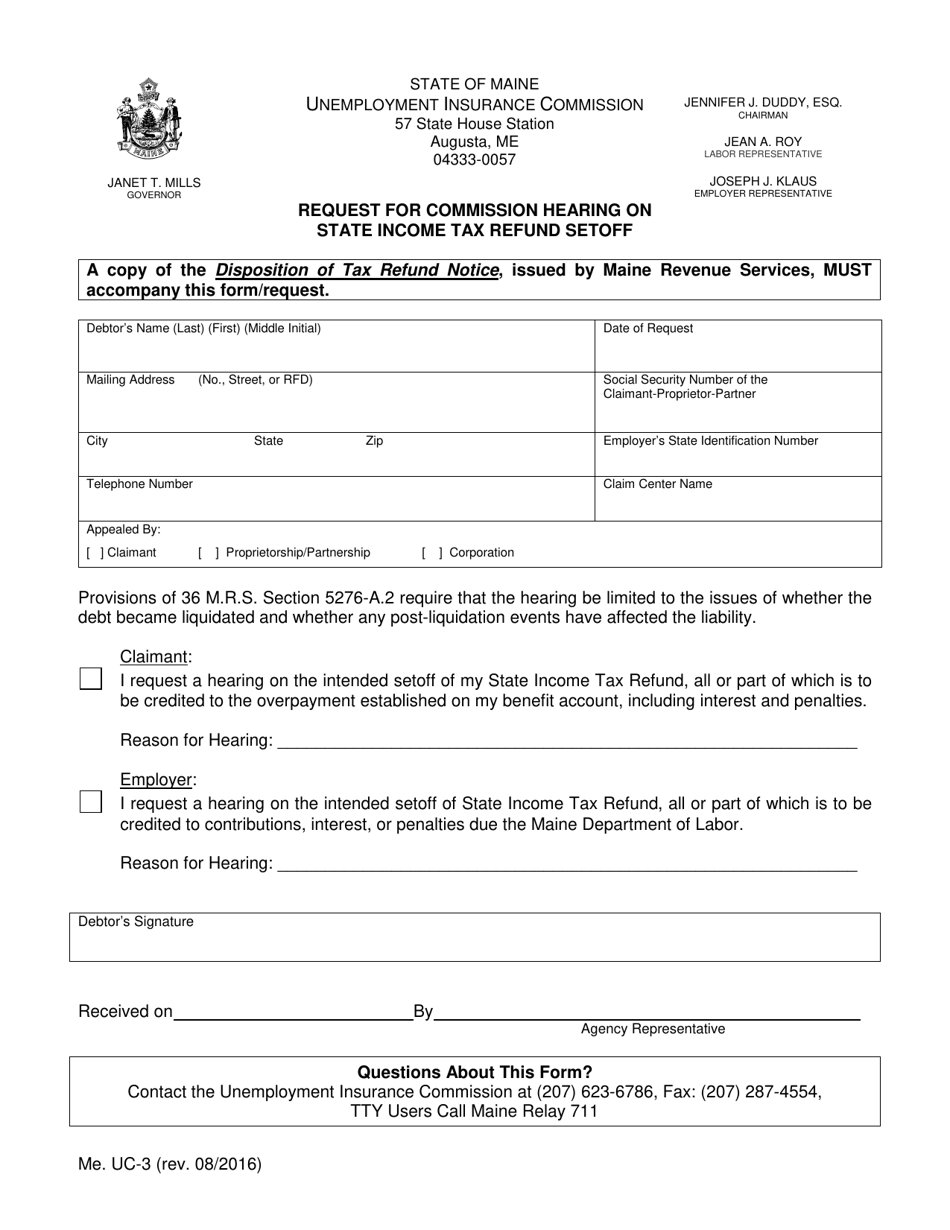Form UC-3 Request for Commission Hearing on State Income Tax Refund Setoff - Maine, Page 1