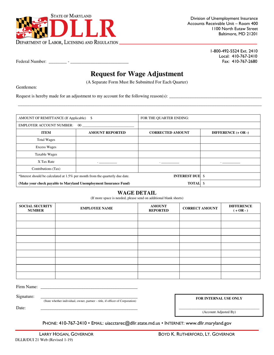 Form DLLR / DUI21 Request for Wage Adjustment - Maryland, Page 1