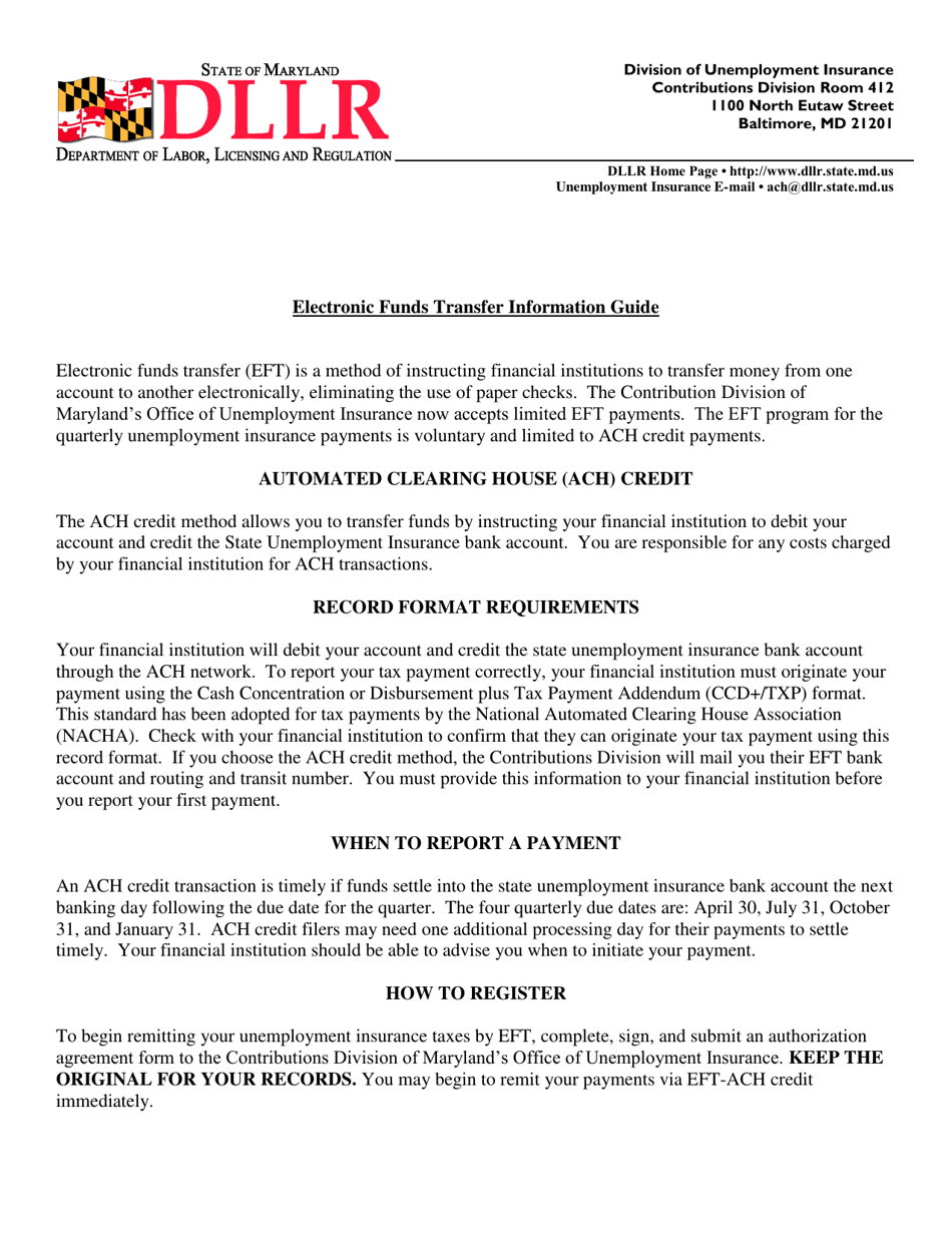 Electronic Funds Transfer Authorization Agreement - Maryland, Page 1