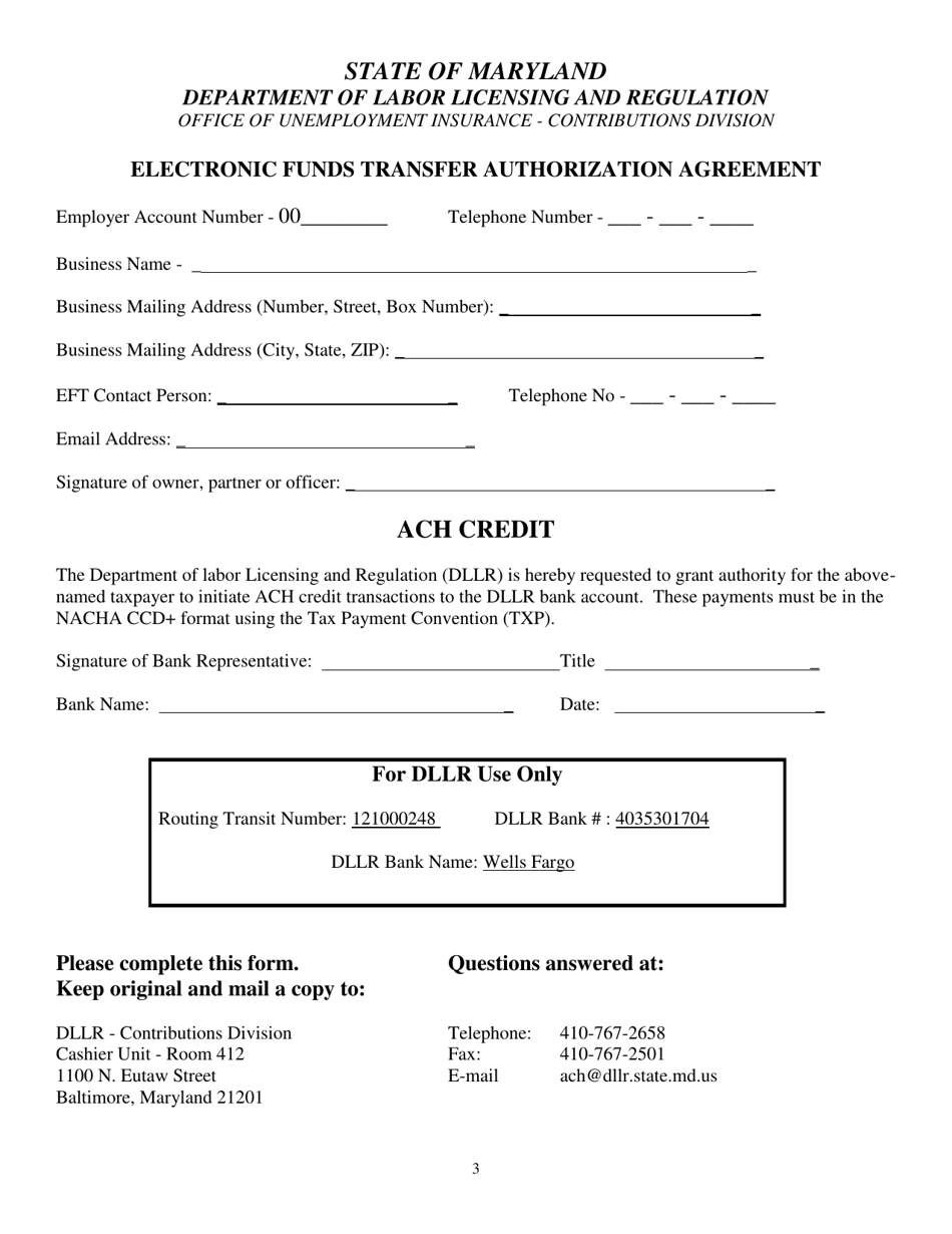 Electronic Funds Transfer Authorization Agreement - Maryland, Page 3