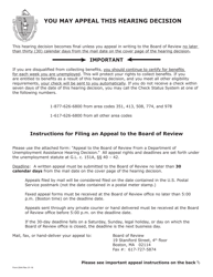 Form 1801 Appeal to the Board of Review From a Department of Unemployment Assistance Hearing Decision - Massachusetts