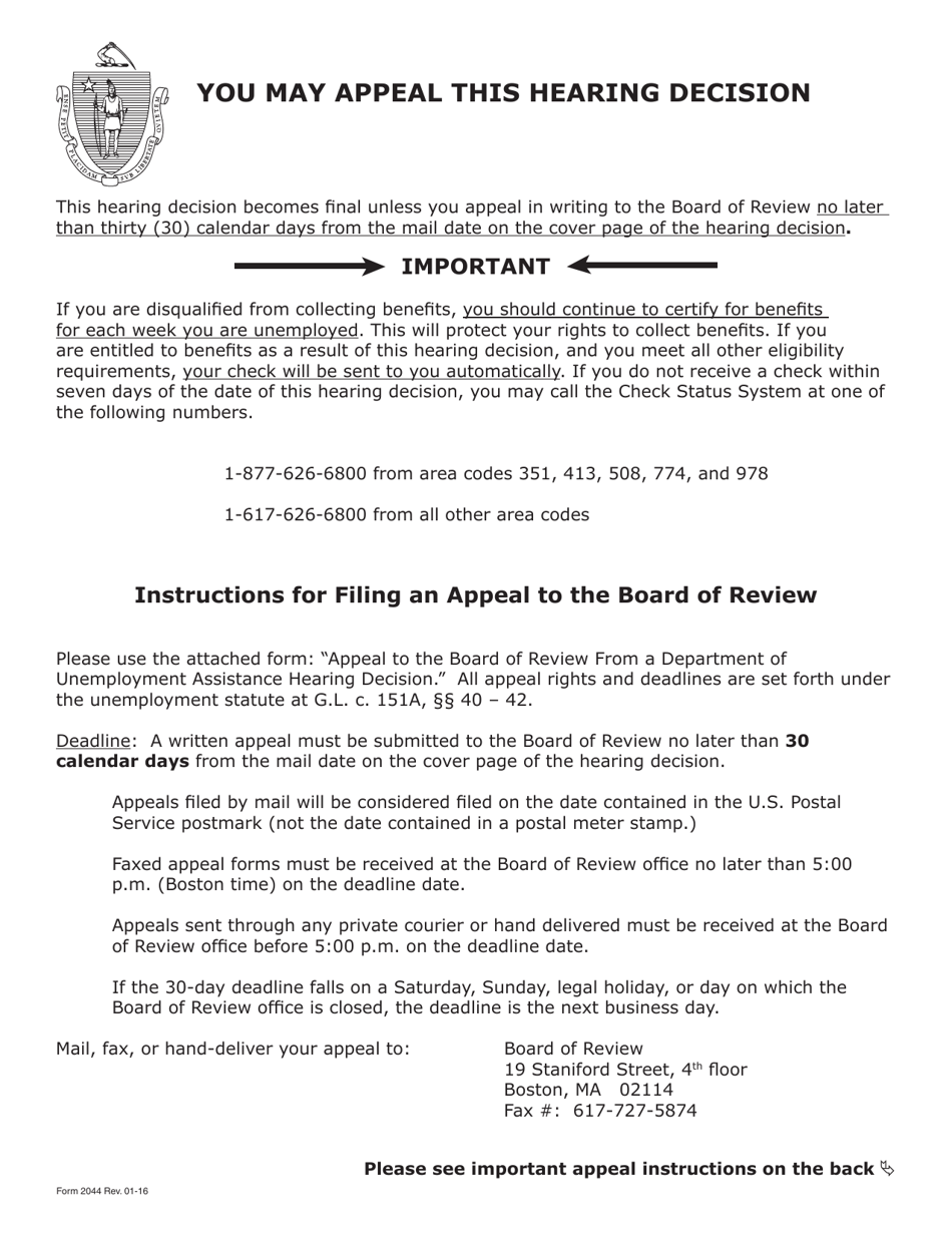 Form 1801 Appeal to the Board of Review From a Department of Unemployment Assistance Hearing Decision - Massachusetts, Page 1