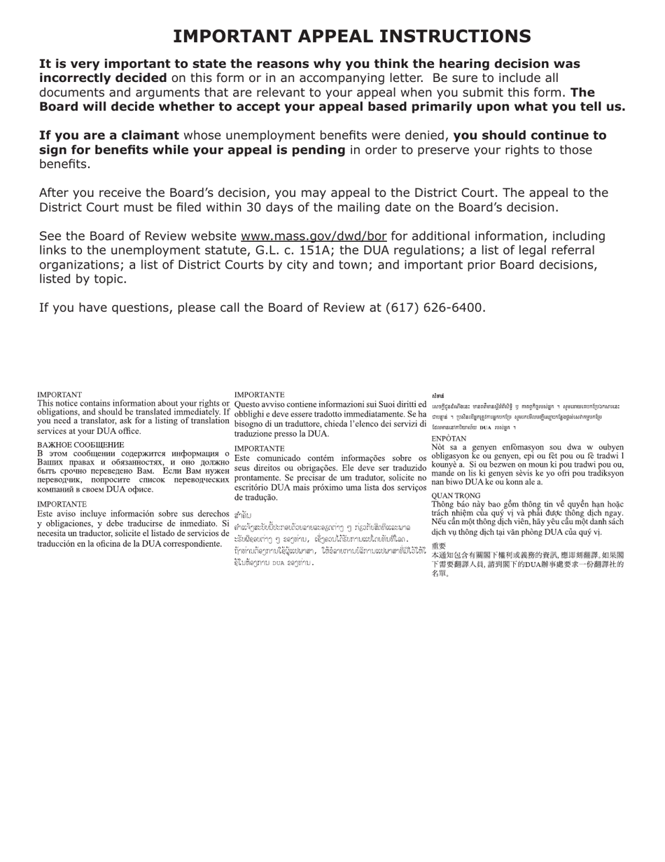 Form 1801 Appeal to the Board of Review From a Department of Unemployment Assistance Hearing Decision - Massachusetts, Page 2
