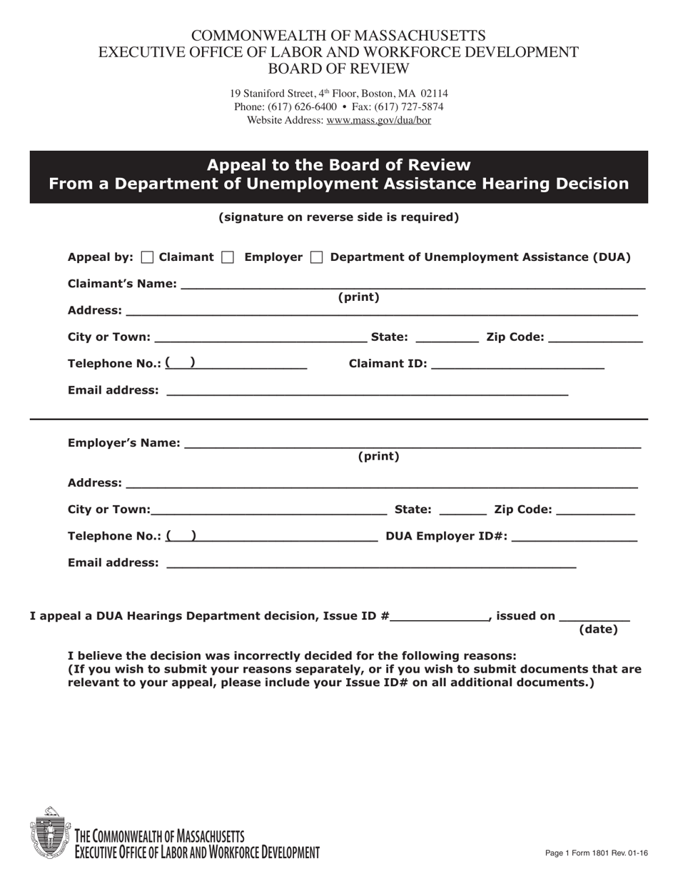 Form 1801 Appeal to the Board of Review From a Department of Unemployment Assistance Hearing Decision - Massachusetts, Page 3