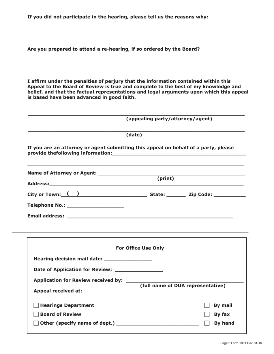 Form 1801 Appeal to the Board of Review From a Department of Unemployment Assistance Hearing Decision - Massachusetts, Page 4