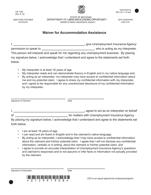 Form UIA1299 Waiver for Accommodation Assistance - Michigan