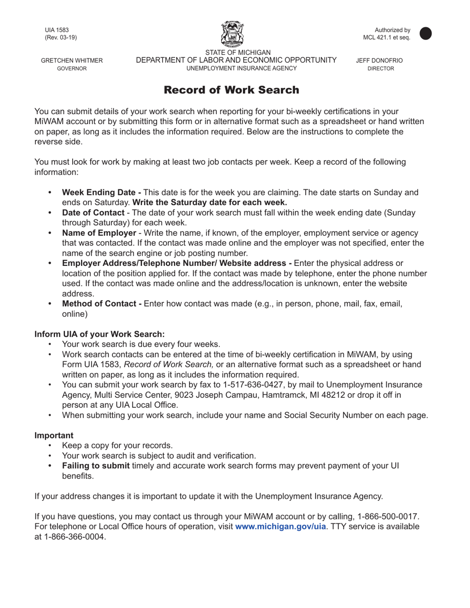Form UIA1583 Record of Work Search - Michigan, Page 1