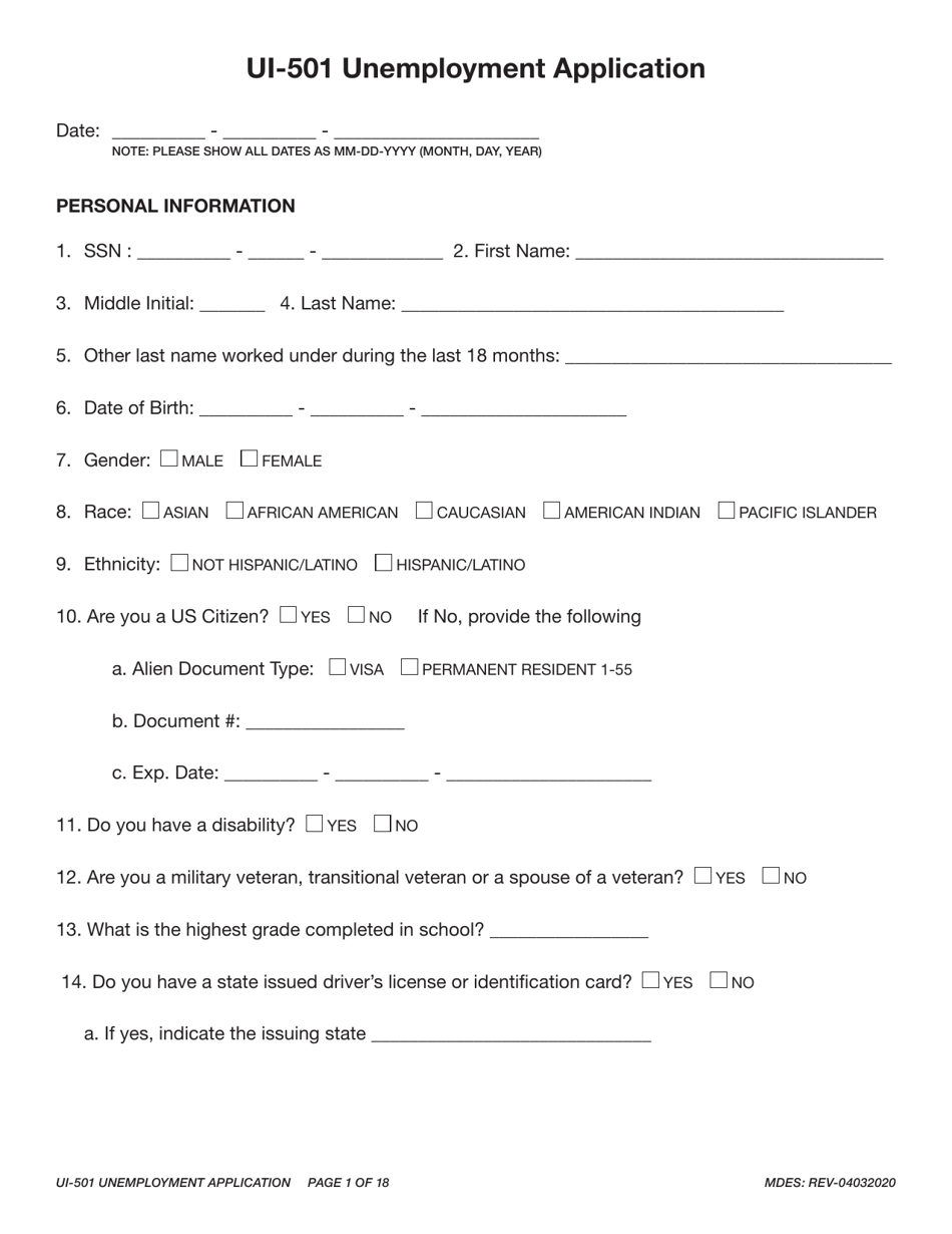 Form UI-501 Unemployment Application - Mississippi, Page 1