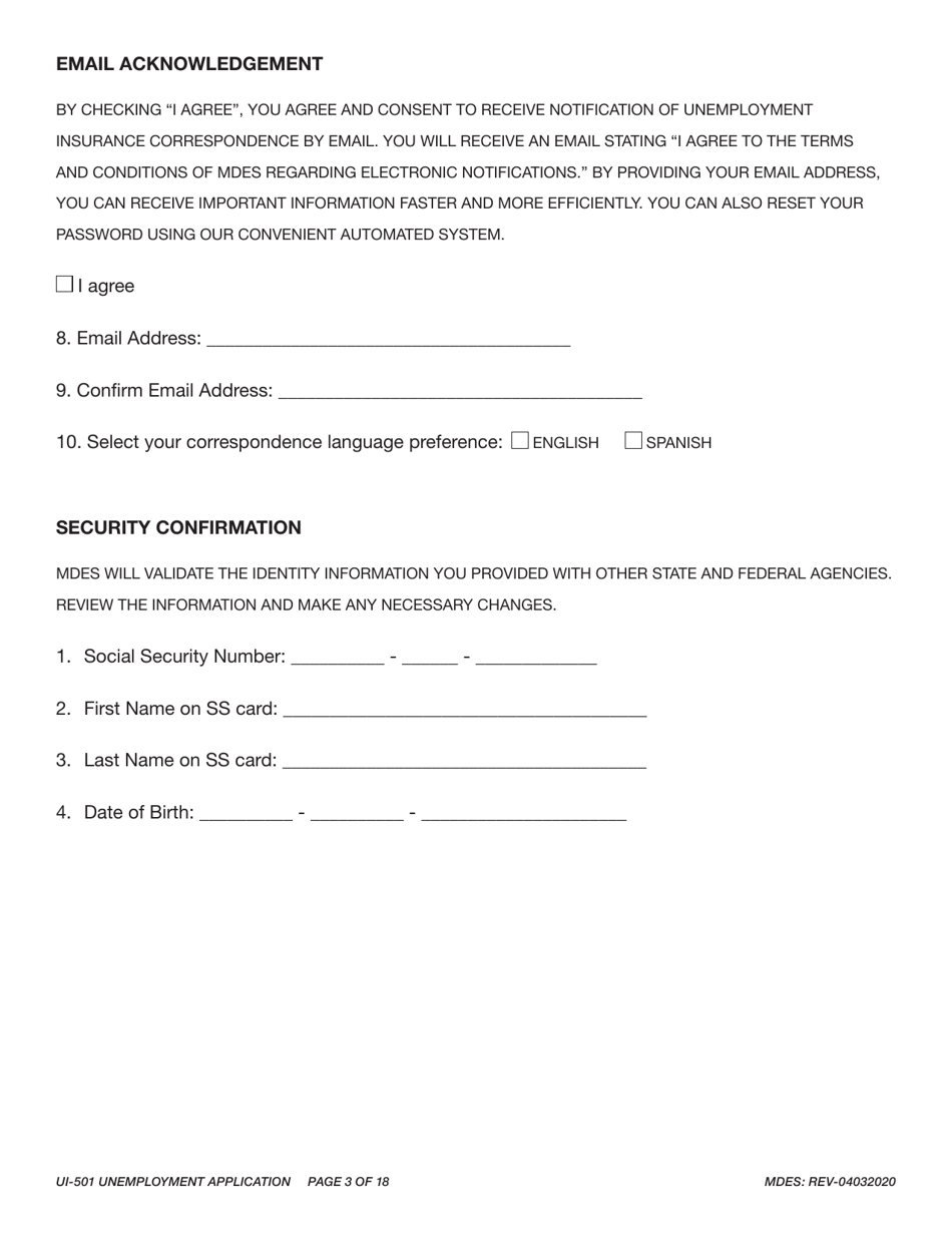 Form UI-501 Unemployment Application - Mississippi, Page 3