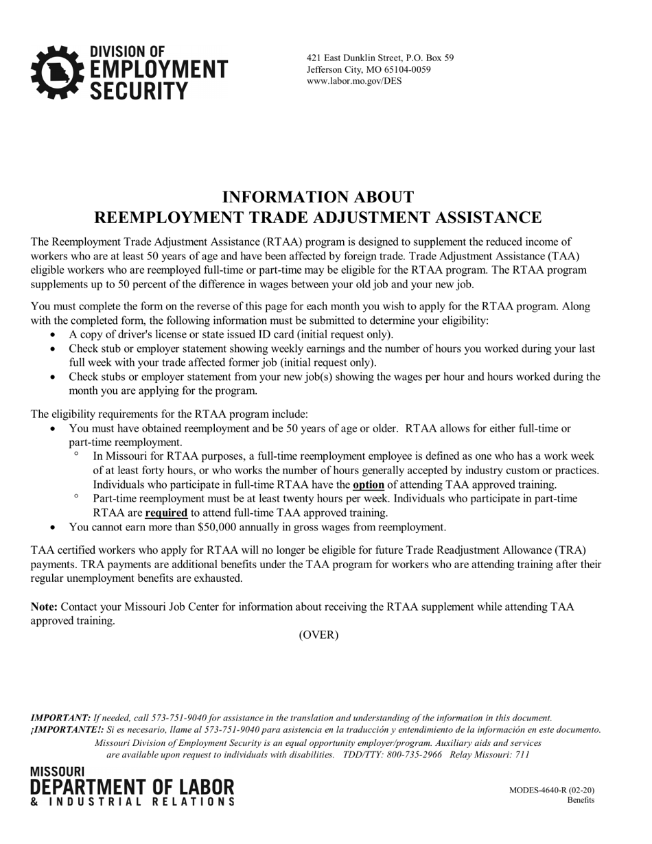 Form MODES-4640-R Request for Reemployment Trade Adjustment Assistance Claim - Missouri, Page 1