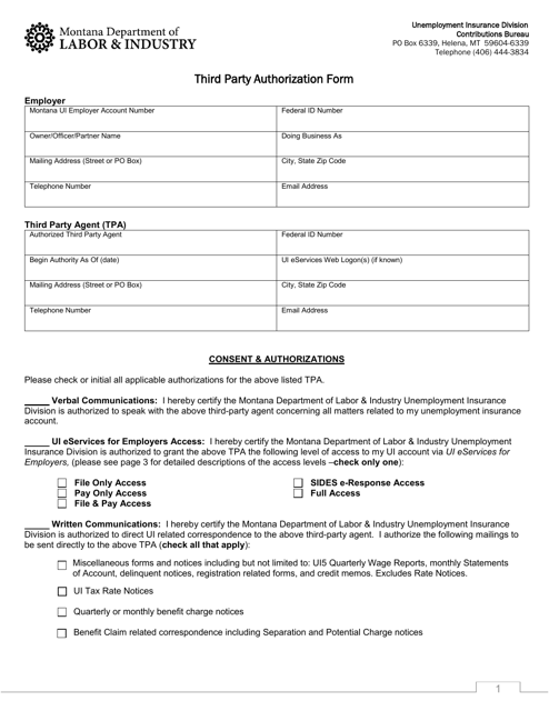&quot;Third Party Authorization Form&quot; - Montana Download Pdf