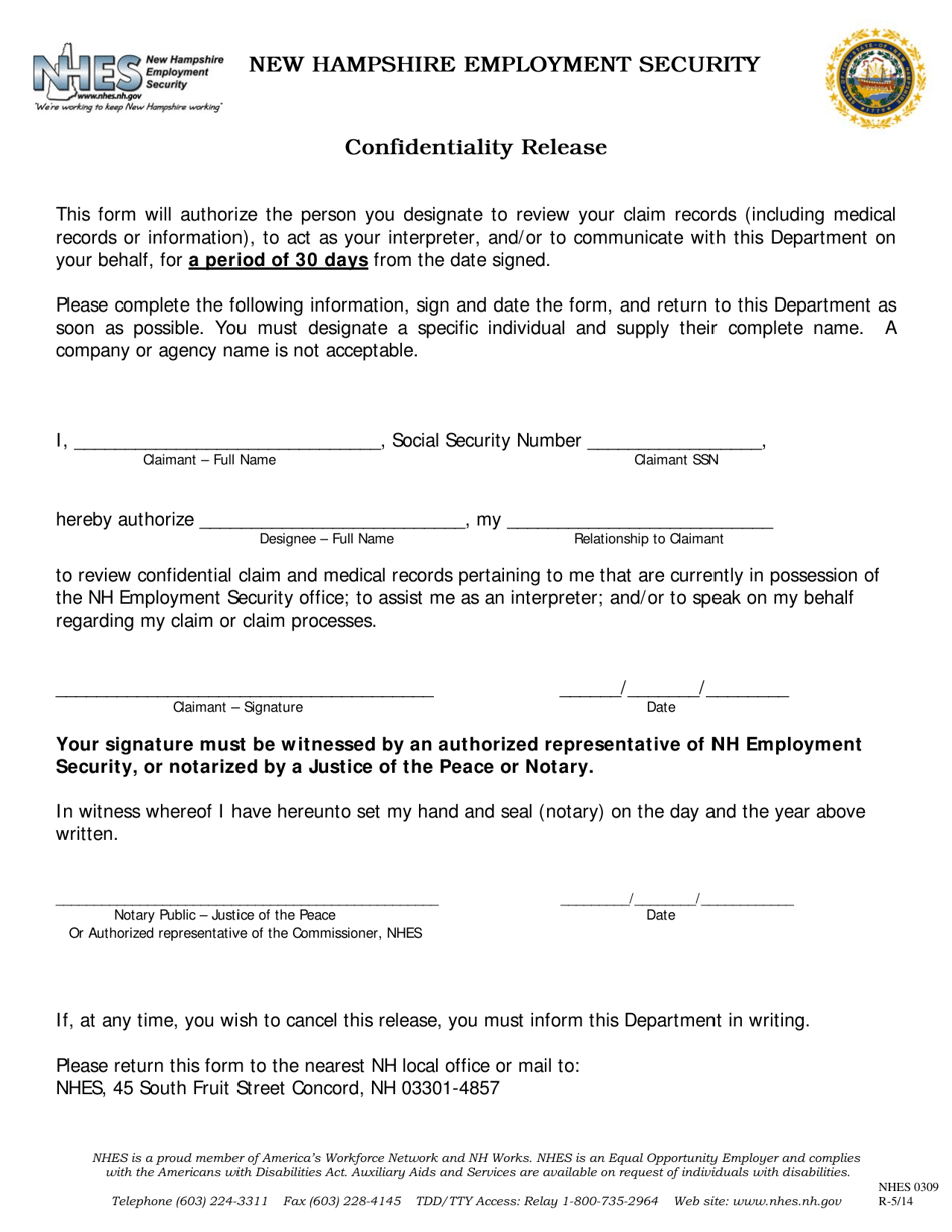 Form NHES0309 Confidentiality Release - New Hampshire, Page 1