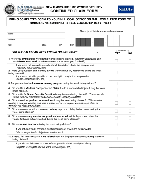 Form NHES0180 Continued Claim Form - New Hampshire